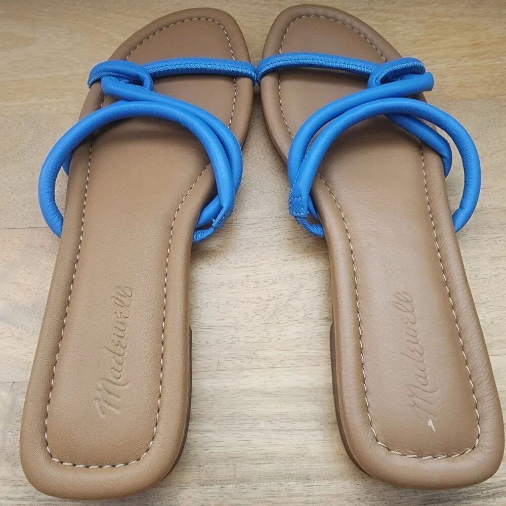Madewell The Amel Slide Ornamental Blue Leather Sandals Womens Size 10